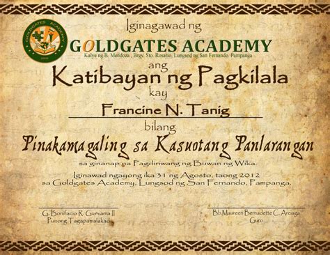 Certificate for buwan ng wika flag